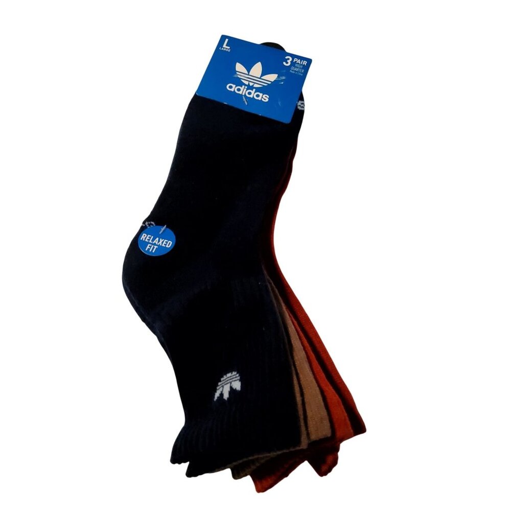 Adidas Relaxed Fit High Quarter Socks 3-Pack Large Black Brown & Red